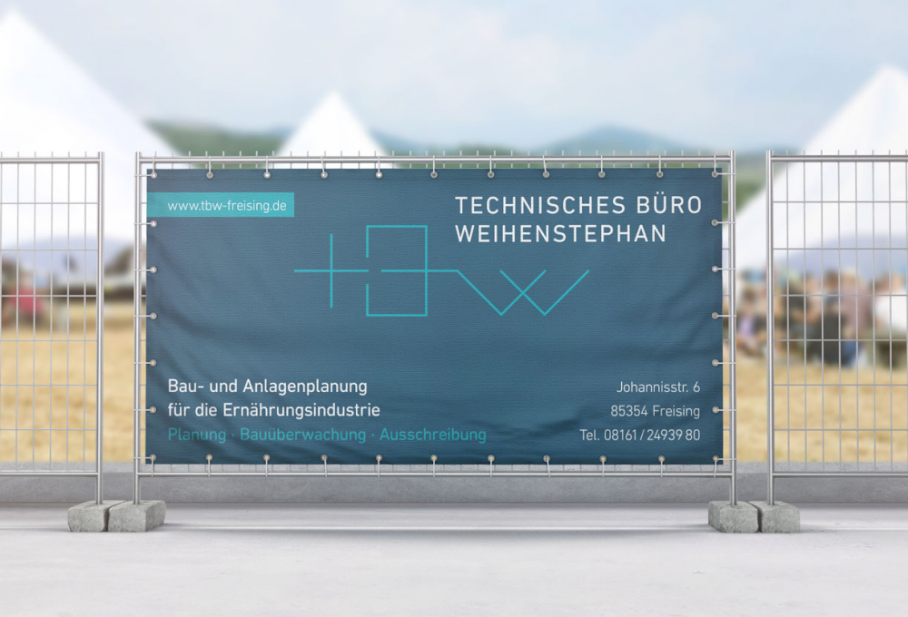 Printwerbung und Design auf einem Bauzaunbanner mit dem Logo vom Technischen Büro Weihenstephan